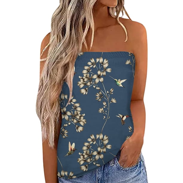 Camisetas sin mangas para las mujeres Camiseta sin tirantes Bandeau para mujer, camiseta informal sin mangas para vacaciones de verano, camiseta holgada para vacaciones, blusa, camiseta sin (Blue, XL)