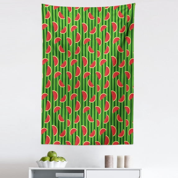 Melon Tapestry, Cartoon Watermelon Slices on Vertical Stripes, Fabric Wall Hanging Decor for Bedroom Living Room Dorm, 5 Sizes, Fern Green Hunter Green, by Ambesonne