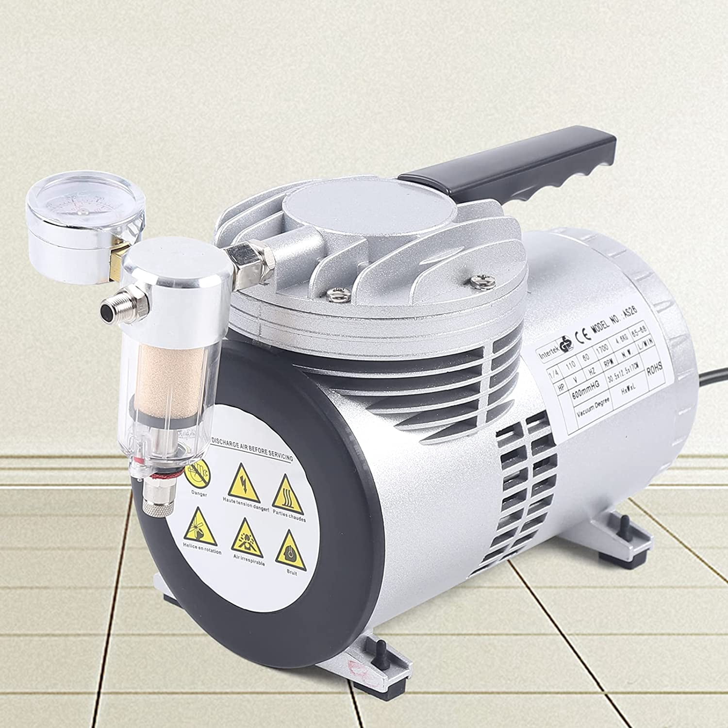 FETCOI Oilless Diaphragm Vacuum Pump 20-23L/min Lab Oil Free Mute Vacuum Pump 1 / 6HP Quiet High Vacuum Piston Compressor (110V US Plug)