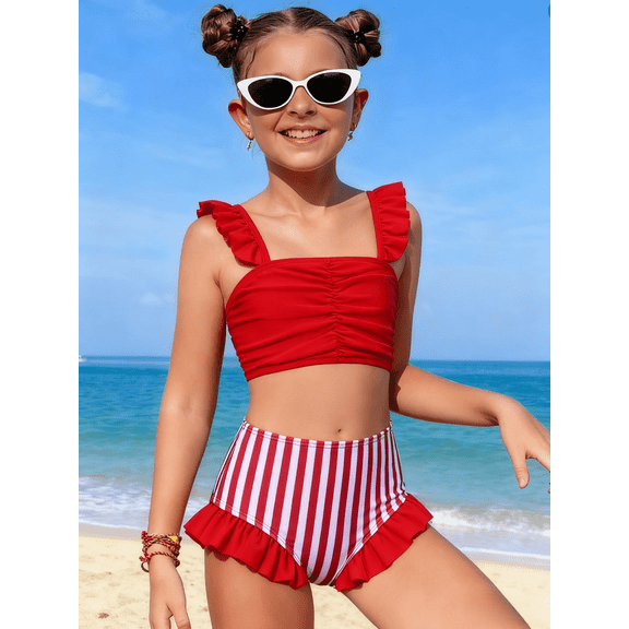 Toddler Girl's Red & White Striped Ruffle Two-Piece Swimsuit