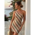 thumbnail image 4 of Argulvti Robe Mini Tricotée pour Femme Coupe Ajustée Élégante à Couleurs Contrastées à une Épaule Courte Robe Moulante, 4 of 7