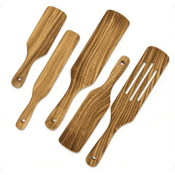 5 Pieces Teak Wooden Spatula for Cooking, Non Stick Slotted Sourdough Spatula, Turner Scrapers for Bread with Short Handle, Flat Kitchen Utensils Set for Salad Whisking Food Draining
