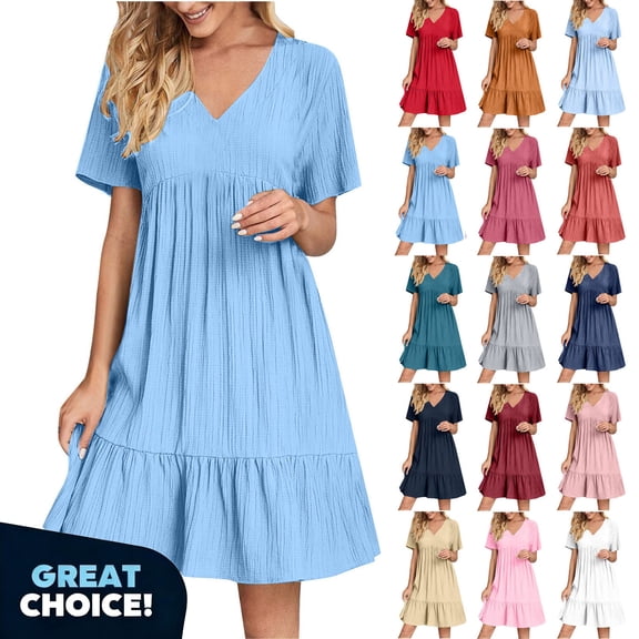 Azrian Summer Dresses for Women V Neck Short Sleeve Casual T Shirt Mini Dress Beach Sundresses,Women's Plus Blue,Size XL