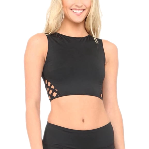 Elizabeth Jane Women's Dr. No Crop Top Rash Guard Swimsuit, Black, XL