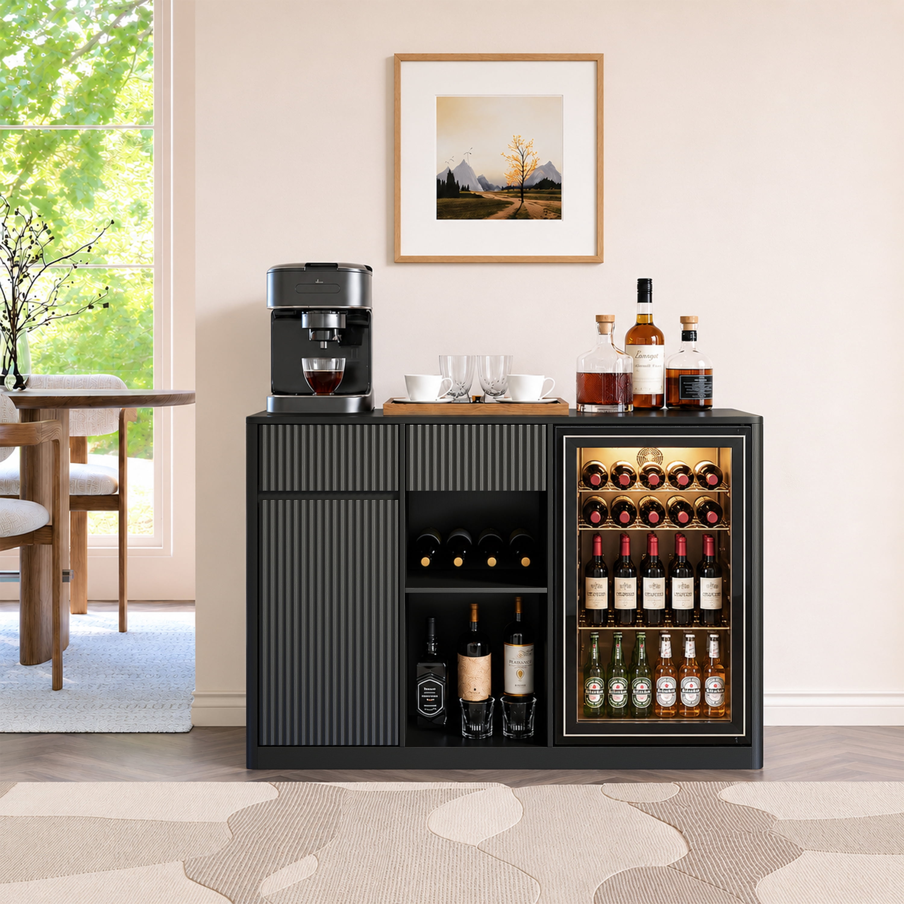 56.69 in Modern Fluted Bar Cabinet with Fridge Compartment, Adjustable Shelves & Built-in Power Outlets, Black