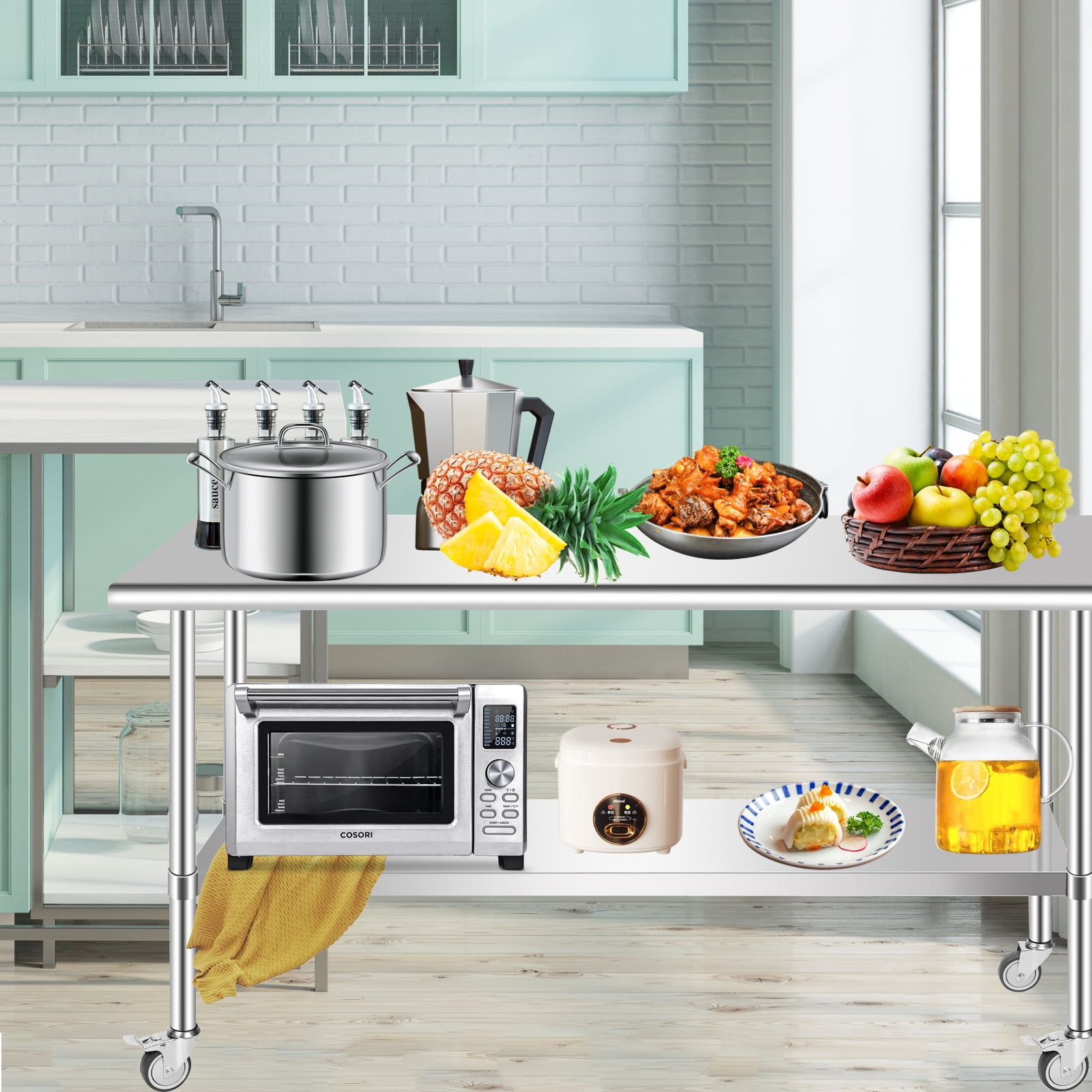 PRIJESSE Stainless Steel Work Table 48 x 30 Inch Stainless Steel Table w/ Undershelf, Casters, Commercial Kitchen Work & Prep Table