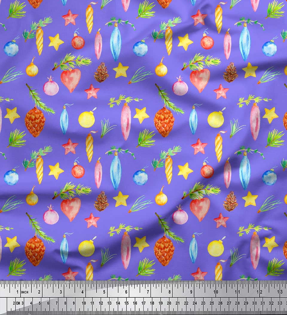 Soimoi Purple Poly Georgette Fabric Star & Baubles Christmas Printed Fabric 1 Yard 42 Inch Wide