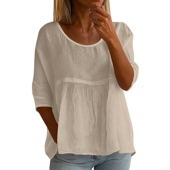 Fashion Women's Summer Solid Color Three-Quarters Sleeve Top Casual Wrinkles Layers Design Round Neck Loose Plus Size Tunic Shirt