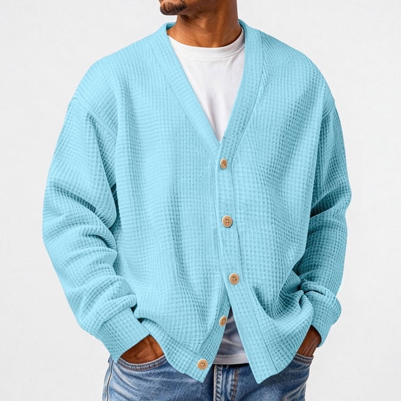Resicozy Mens Waffle Knit Loose Casual Layer Style Sweater Button Down Relaxed Cardigan Easy Fall Sweater Light Blue L
