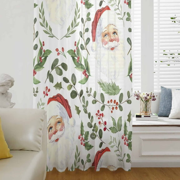 Christmas Santa Semi Sheer Curtains Drapes for Living Room, Bedroom, French Doors Window 72 Inches Long, Xmas Botanical Berry Watercolor Rod Pocket Chiffon Curtain Drapery Voile Draperies Panel