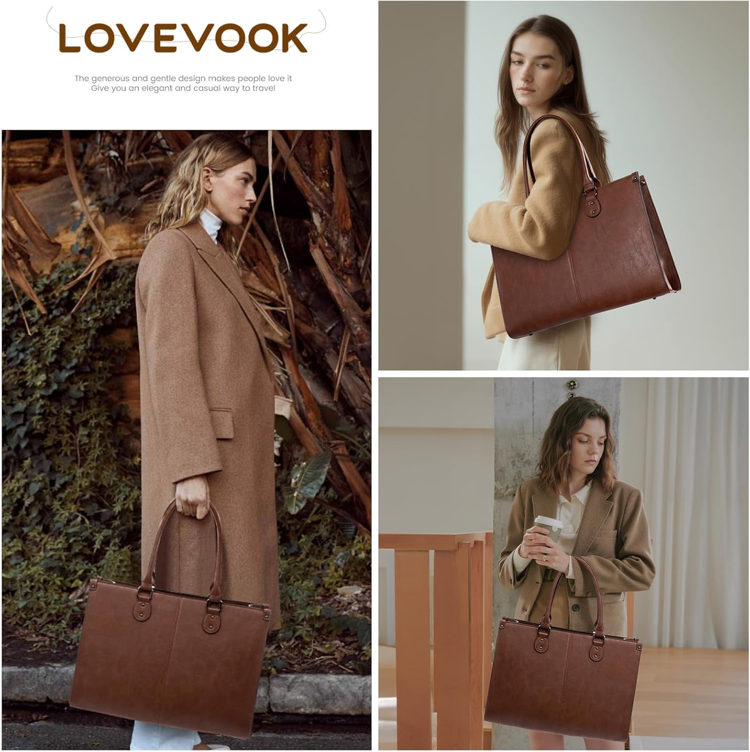 LOVEVOOK Laptop Tote Bag for Women, 15.6 Inch Large Capacity Vintage Leather Work Computer Bag, Business Casual Shoulder Handbag, Dark Brown