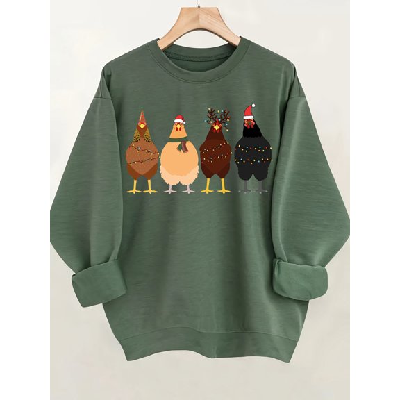 Cozy Chicken Print Crew Neck Sweatshirt - Fashion Sweatshirts with Long Sleeve, Drop Shoulder, Pullover Design for Fall and Winter - Soft, Casual, Women's Clothing for Everyday Wear