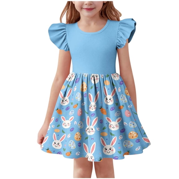 Girls Easter Dress Flutter Sleeve Bunny Print A-Line Sky Blue Stretch Casual Kids Spring Party Outfit,Size 7-8 T