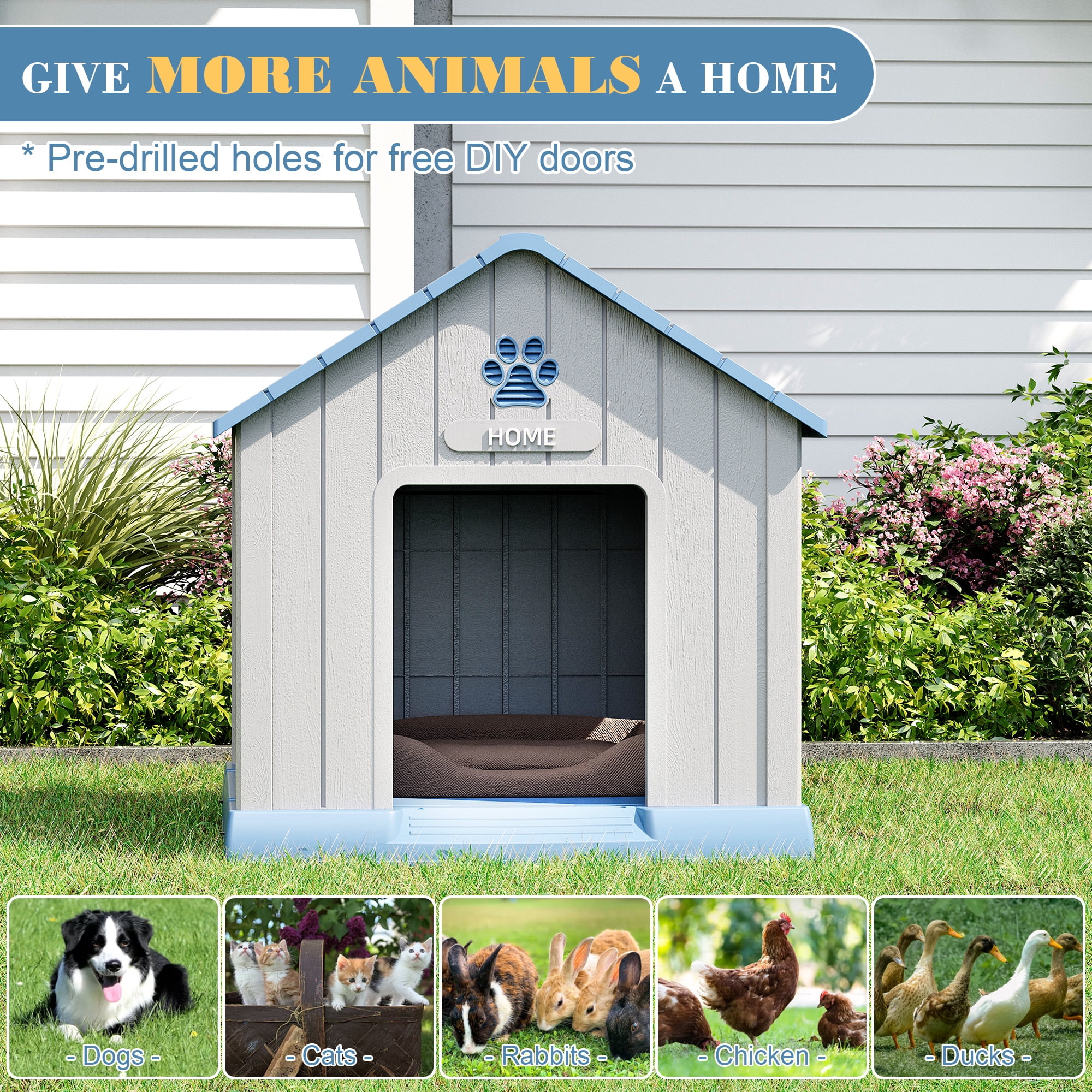 Bifanuo Durable Dog House, Indoor Outdoor Wateproof Doghouse, Pet Plastic Dog House for Small Medium Dogs,Grey and Blue ,31" L x 33.3" W x 33.5" H