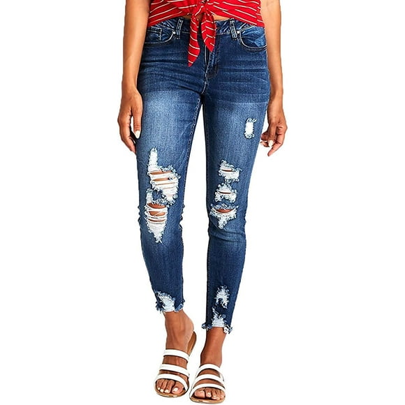 Women's Ripped Boyfriend Jeans Cute Distressed Jeans Stretch Skinny Jeans with H