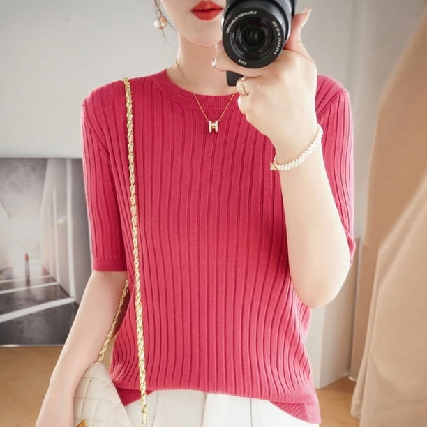Suéter fino de otoño para mujer, suéter de manga corta con cuello redondo para mujer, suéter de lana base para mujer