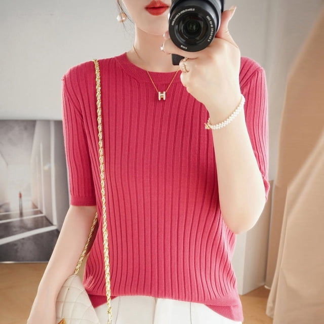 Suéter fino de otoño para mujer, suéter de manga corta con cuello redondo para mujer, suéter de lana base para mujer