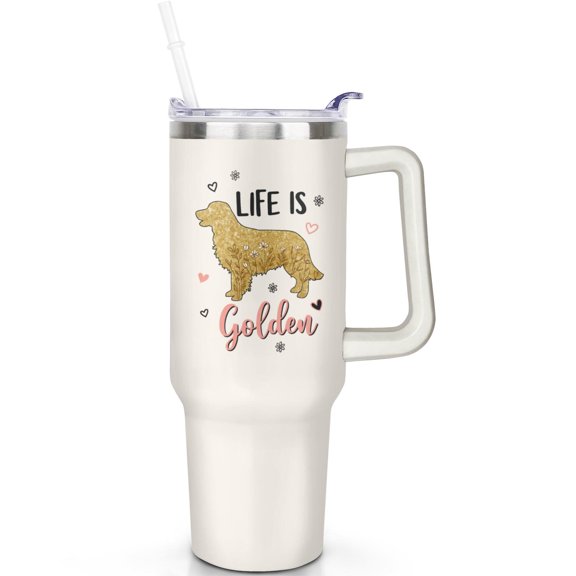 1pc Golden Retriever 40oz Tumbler with Straw & Handle - Insulated Stainless Steel Cup | Holiday Gift for Man Women (Christmas, Valentine's, Birthday)