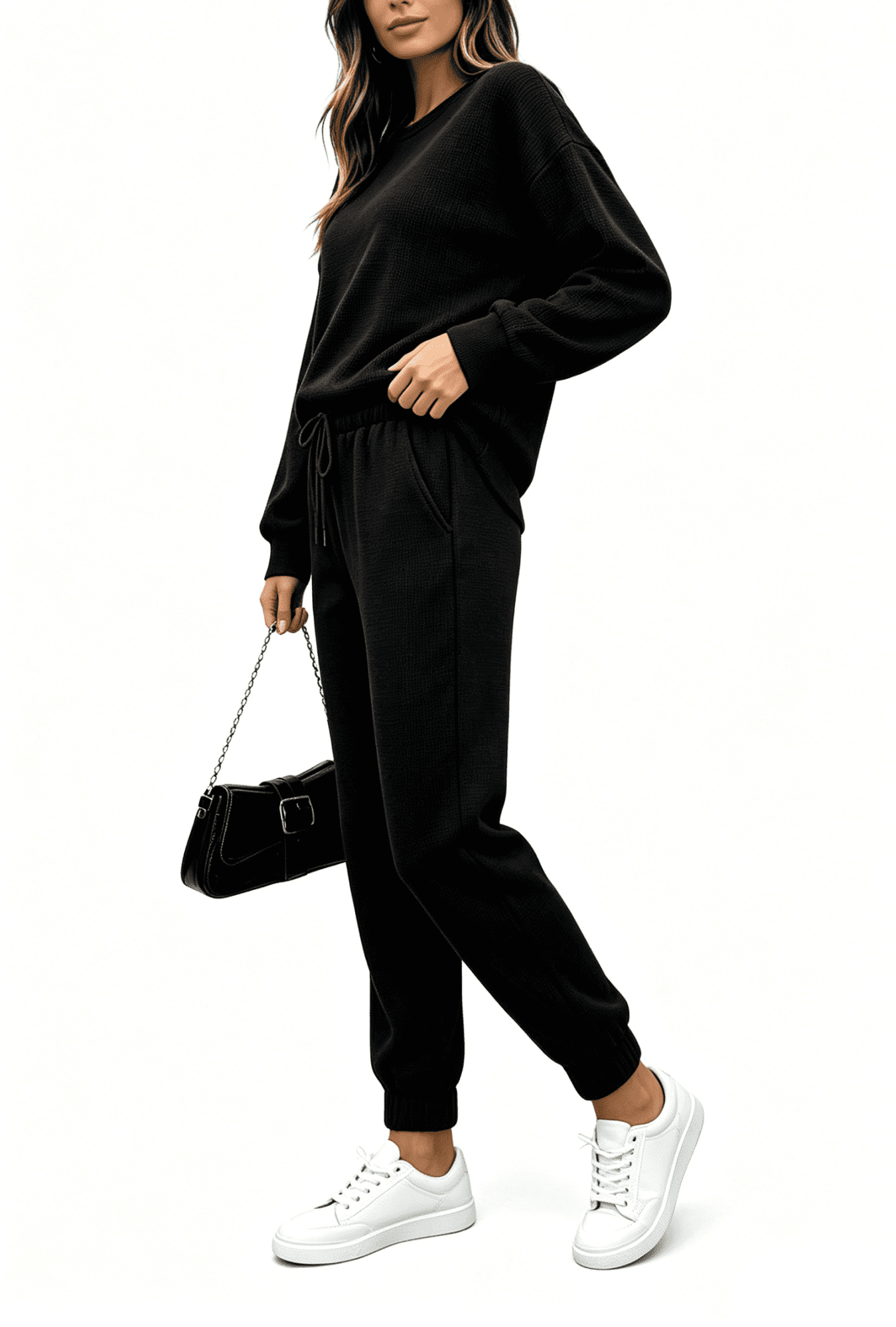 Fiophy Women's Lounge Set Waffle Knit Travel Outfits Long Sleeve Tracksuit Joggers Sets with Pockets, Black, XL