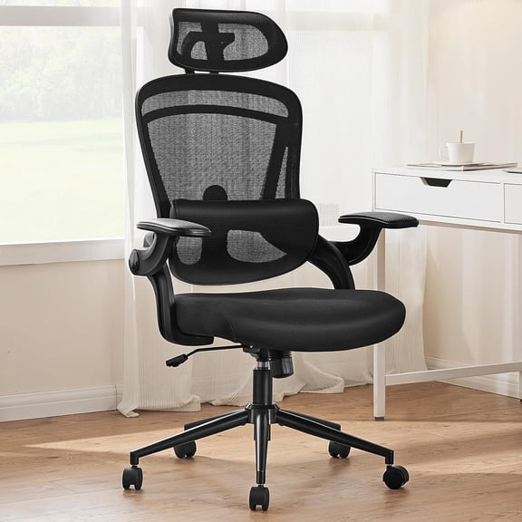 ENYLAY Ergonomic Mesh Office Chair, High Back Computer Desk Chair with Adjustable Headrest and Lumbar Support Swivel Rolling Task Chair with Flip-Up Armrests, Comfy Work Chair for Home Office (Black)