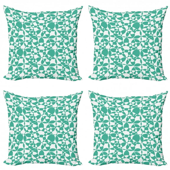 Abstract Throw Pillow Cushion Case Pack of 4, Overlapping Contemporary Look Pattern with Rounds and Circles Monochrome Art, Modern Accent Double-Sided Print, 4 Sizes, Sea Green White, by Ambesonne
