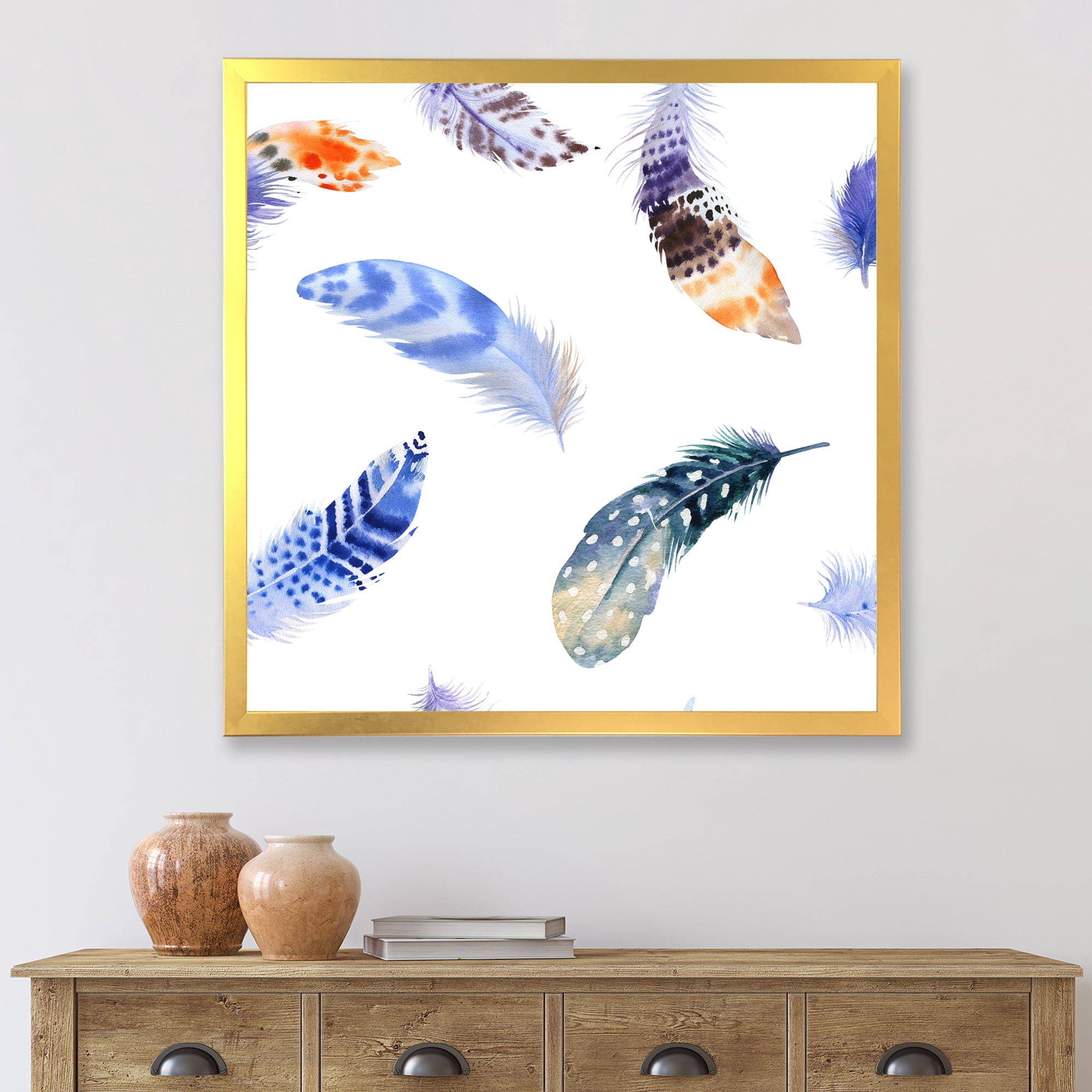Designart 'Colourful Boho Feather Set On White VII' Bohemian & Eclectic Framed Art Print