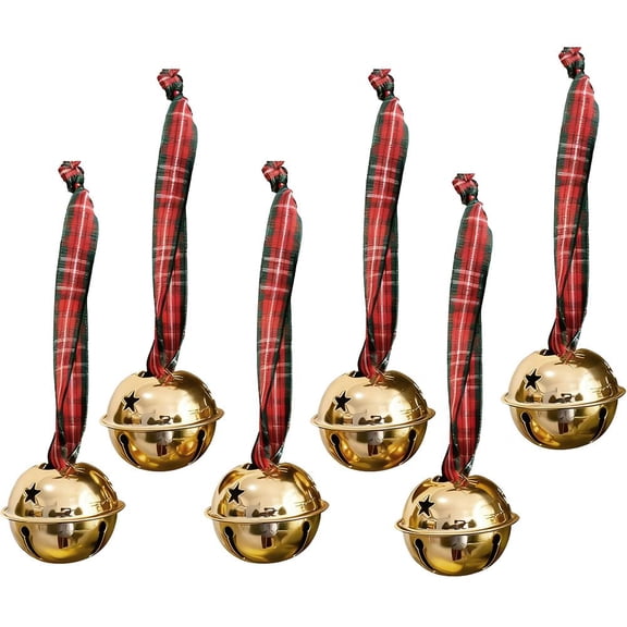 Agiufgs 6 Pack Christmas Bell Ornaments 6pcs, Golden with Star Cutout and Jingle Sound, for Christmas Tree Wreath Garland Gift, Red