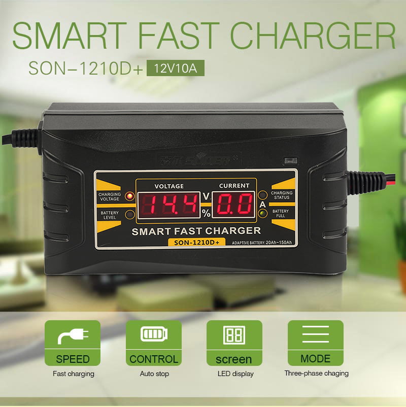 12V 10A AMP 20~150ah Smart Car Motorcycle Battery Charger LCD Display EU Version 