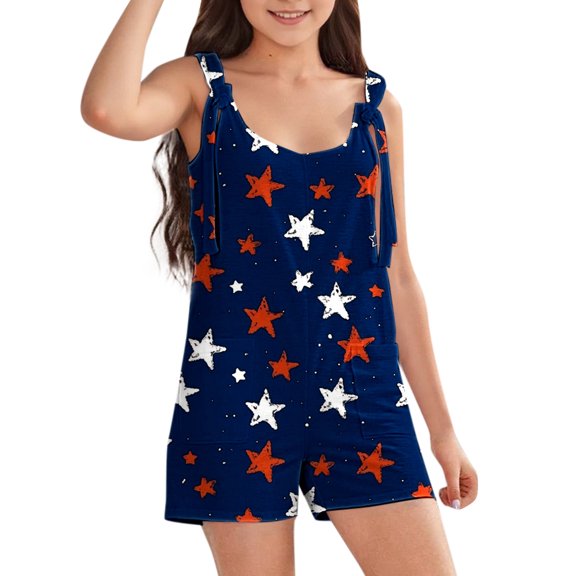 Yuncity Toddler Girls Jumpsuit Sleeveless Crew Neck Star Graphic Print Strap Romper Summer Fashion Casual Daily Wear Kids Onesie Sized 7-8 Years Dark Blue