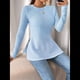 thumbnail image 5 of Camiseta de Larga A Rayas para Mujer, Cuello Redondo, Dobladillo con Abertura, Corte Entallado Azul XL, 5 of 8