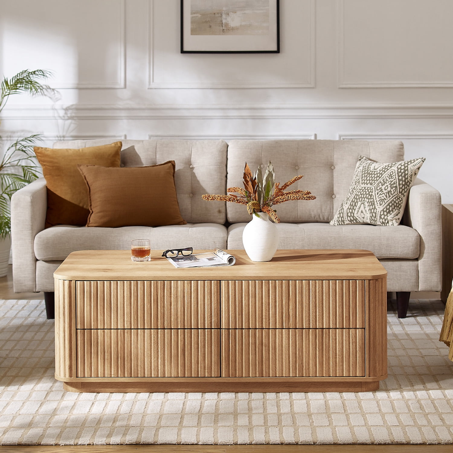 IFMUST 51" Modern Fluted Coffee Table with 4 Hidden Drawers, Curved Edges, for Living Room