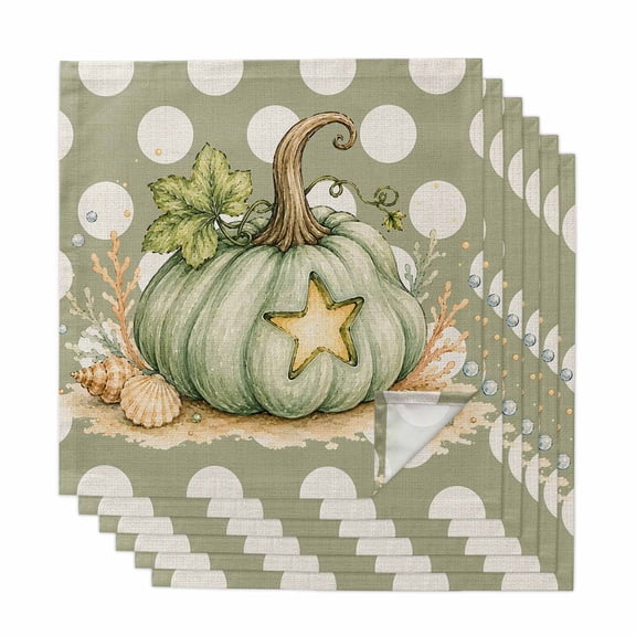 Thanksgiving Fall Cloth Napkins Set of 6 Rustic Green Pumpkin Yellow Star Polka Dots Soft Washable Square Dinner Napkins for Party Wedding Restaurant Hotel Cocktail 20x20 Inch