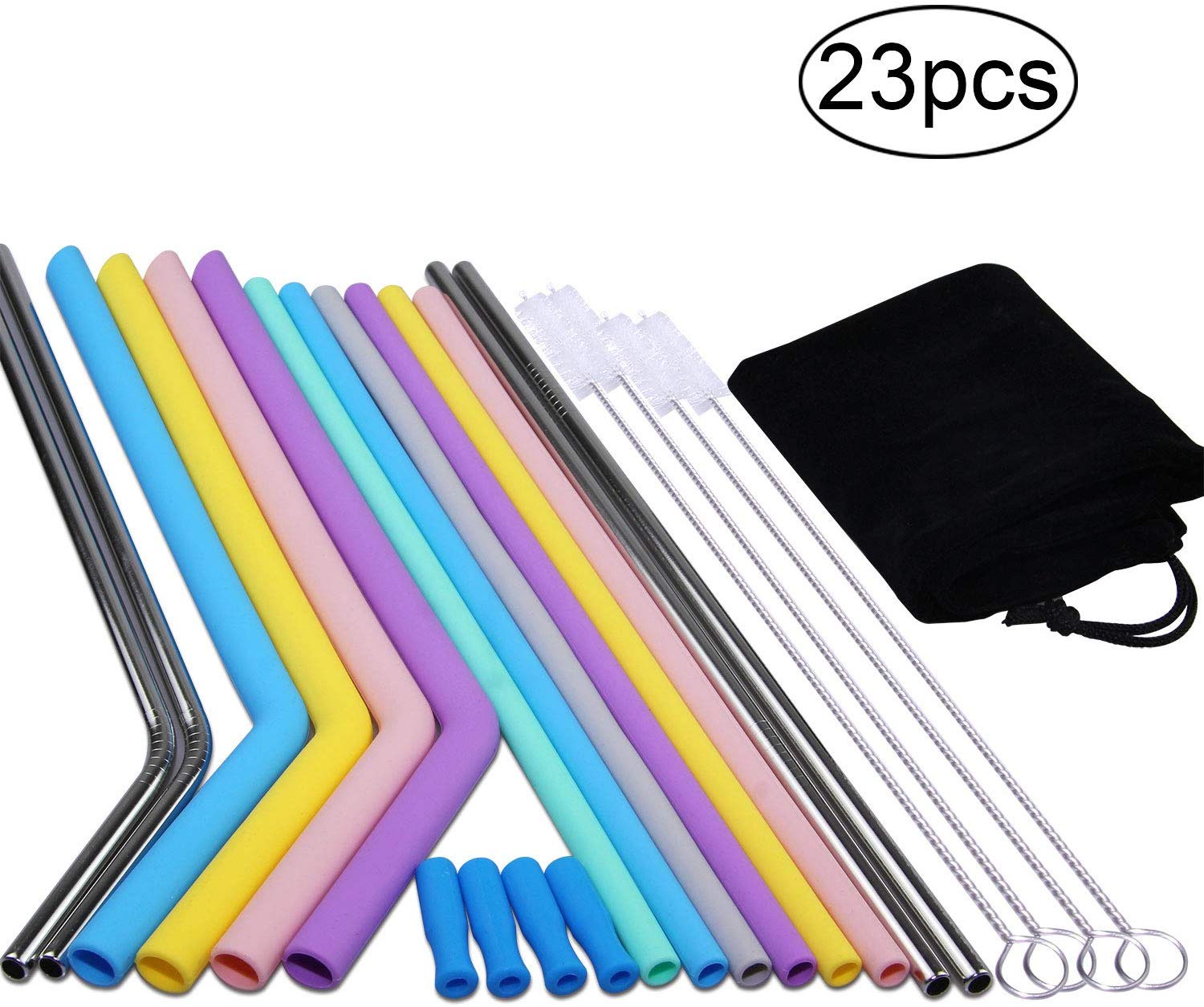 Reusable Stainless Steel Metal Silicone Straws Curved Drinking Straws