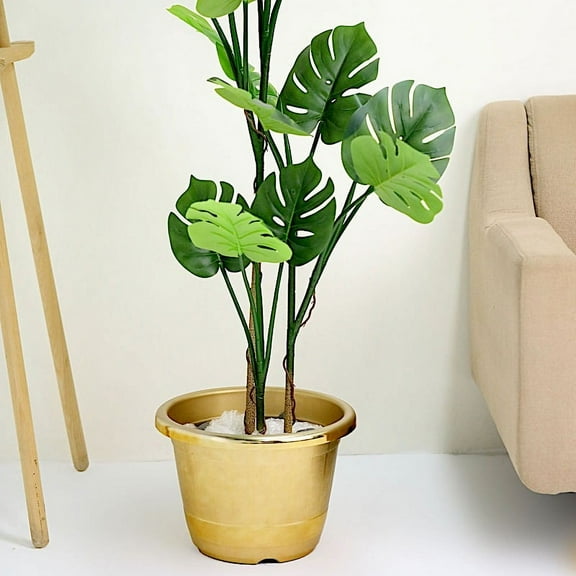 BalsaCircle 10" Gold Round Plastic Flower Plant Pot Metallic Barrel Design