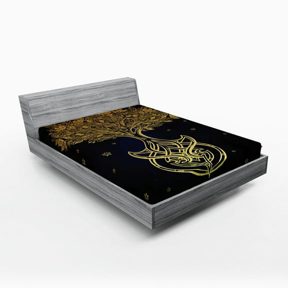 Ambesonne Tribal Fitted Sheet, Night Stars Abstract, Full Size, Dark Blue Yellow