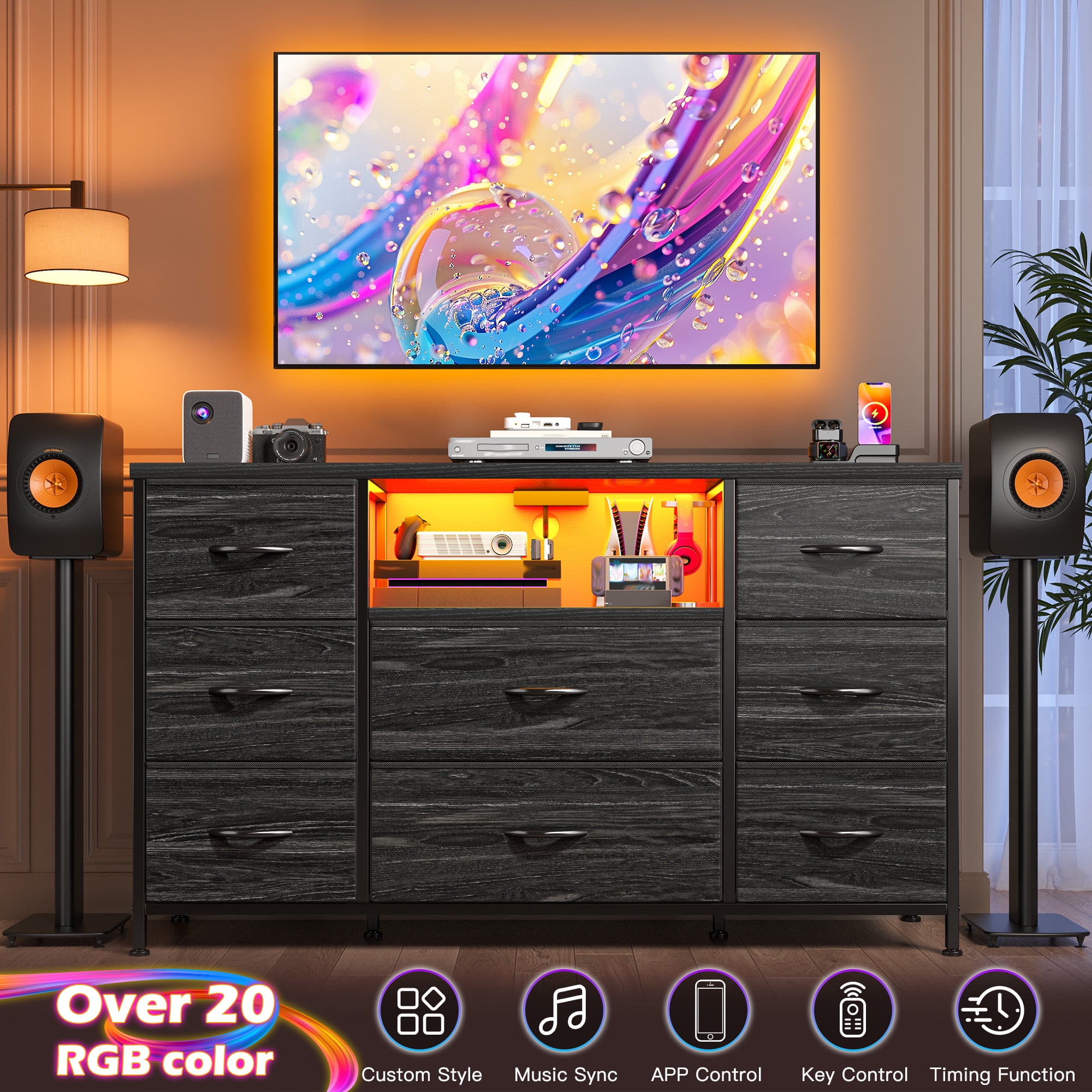 Black Dresser for Bedroom with Charging Station and LED Lights,55 inch TV Stand with 8 Fabric Drawer,Chest of Drawers with Open Shelves for Entryway, Living Room, Closet