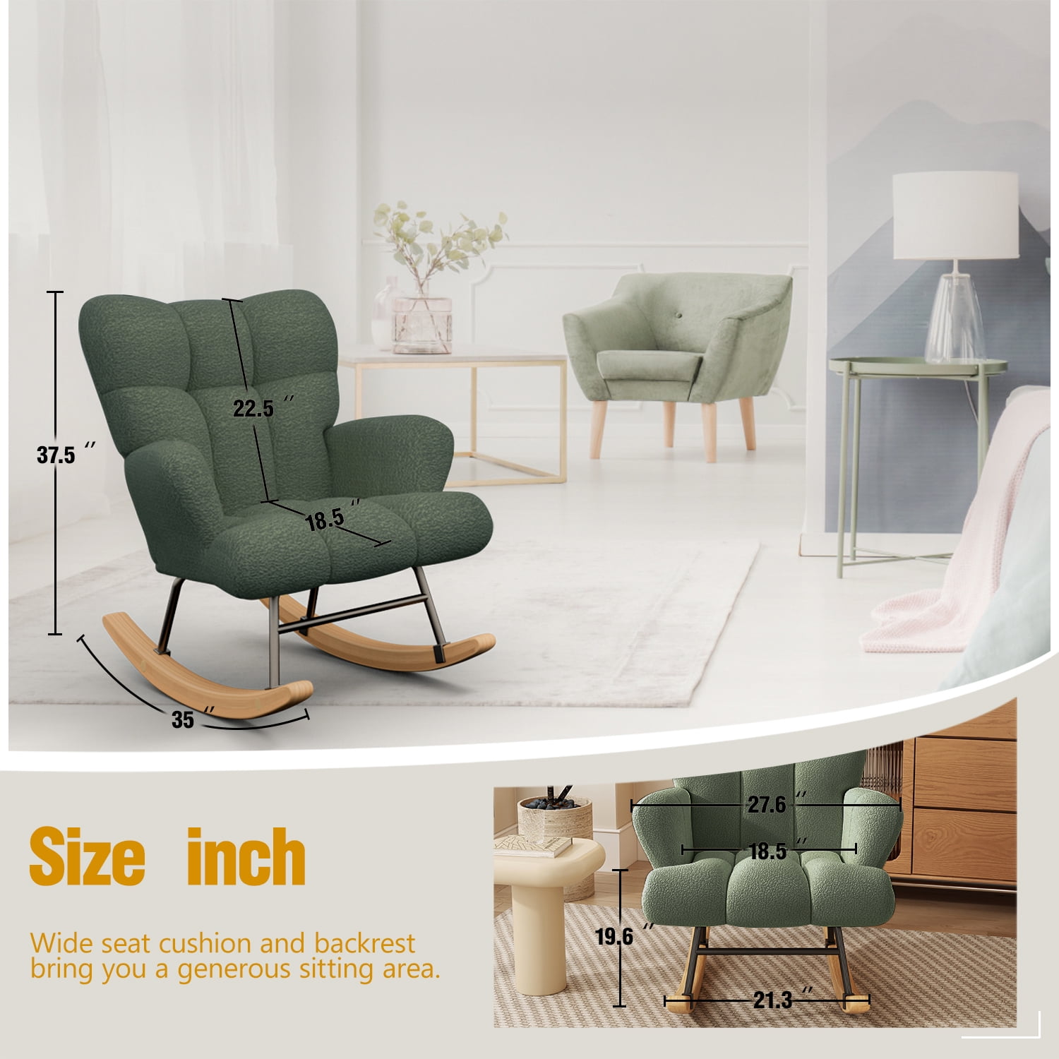 Glider Rocking Chair for Bedroom Chair, Comfy Accent Chair Reading Chair with High Backrest Armchair Teddy Soft Upholstered Living Room Chairs for Nursery Bedroom(Green)