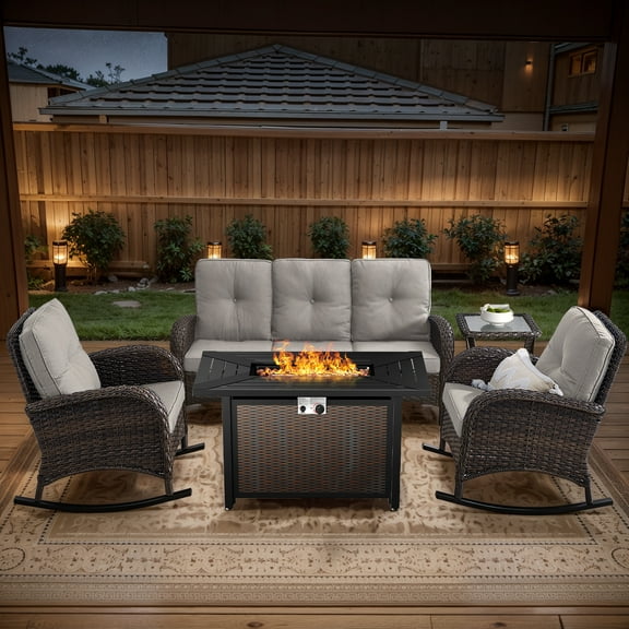 POCASSY 5 Pieces Wicker Patio Furniture Set with Fire Pit Table, Outdoor Rocking Chairs Set with 43 Inch Width Propane Fire Pit Patio Couch, Brown Wicker/Beige Cushion