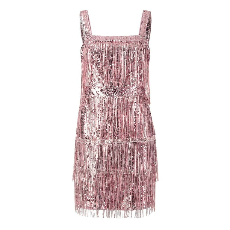 pink and gold fringe dress Beaded Short Fringe Party Dress with V-Back main image 1
