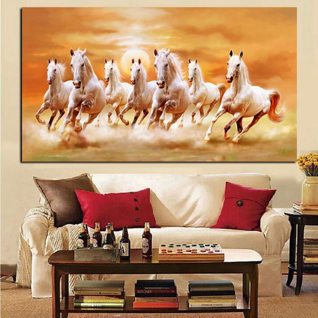 Wall Decor Seven Running White Horse Animal Painting Artistic Canvas Art Poster