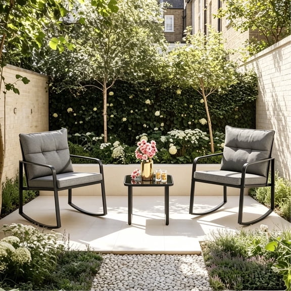 3-Piece Outdoor Furniture Set, Lofka Patio Bistro Table and Rocking Chairs for 2 with Cushions & Backrests for Backyard, Corridor, Gray