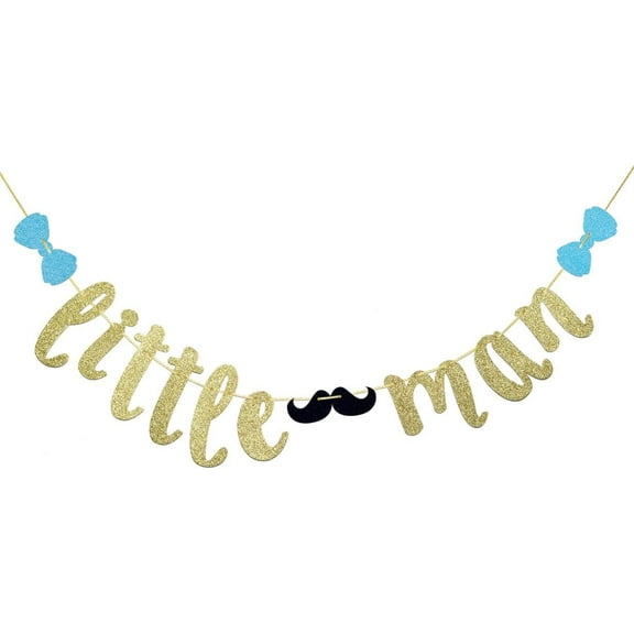 Little Man Boy Baby Shower Banner, Boy 1st Birthday Banner (Gold, 47.24 inches x 47.24 inches)