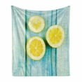 thumbnail image 1 of Yellow and Blue Soft Flannel Fleece Blanket, Juicy Lemon Slices on Old Wooden Planks Porch Summer Refreshing Image, Cozy Plush for Indoor and Outdoor Use, 50" x 70", Yellow Sky Blue, by Ambesonne, 1 of 6