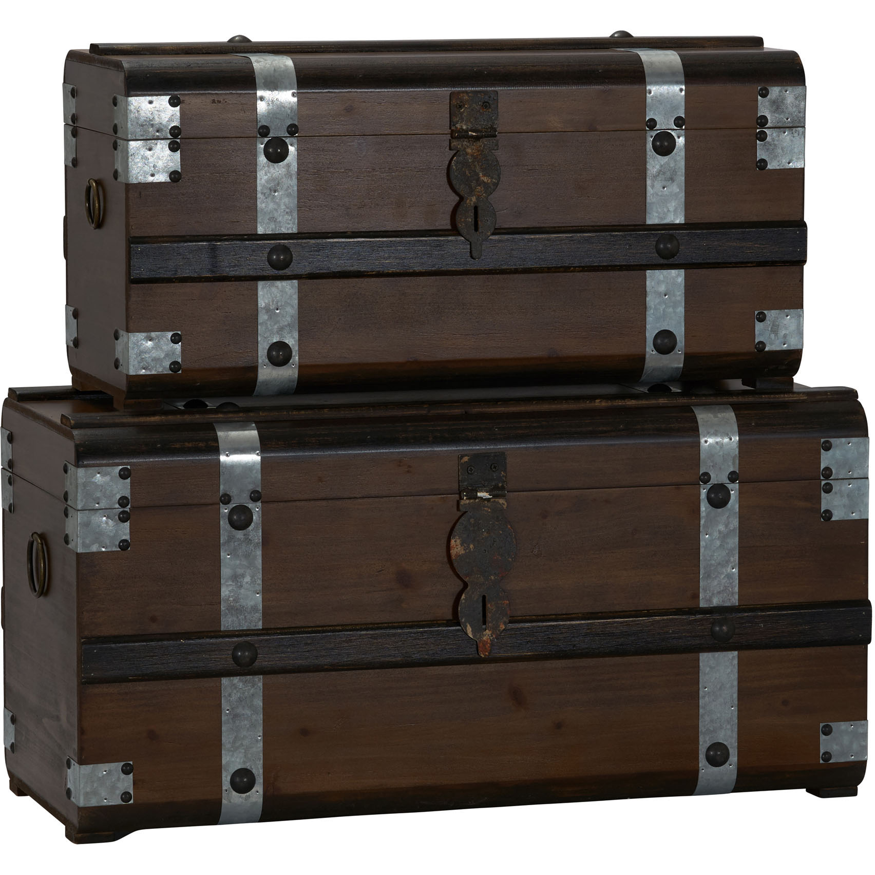 HOUSEHOLD ESSENTIALS Steel Band Wood Storage Trunks, 2pc Set, Large