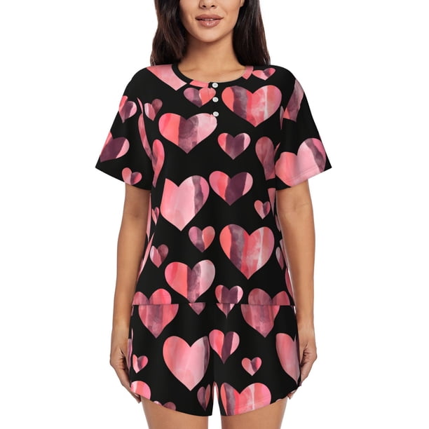 Balery Hearts Conjunto de Pijama para Mujer con Estampado, Dos Piezas de Manga Corta y Shorts, Ropa de Dormir Suave con Cuello Redondo y Bolsillos-Small