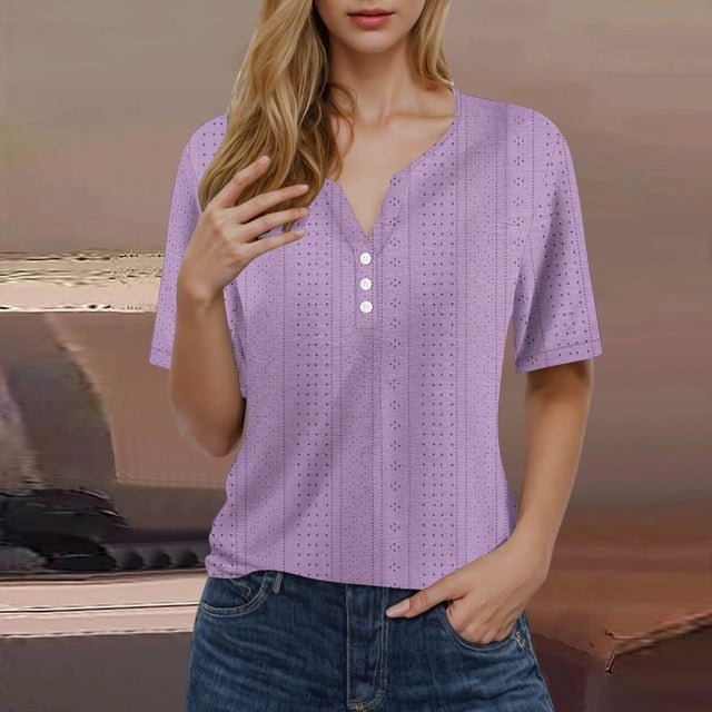 Womens Tshirts V Neck Short Sleeve Top Eyelet Embroidery Summer Loose Button Front Short Sleeve T Shirts