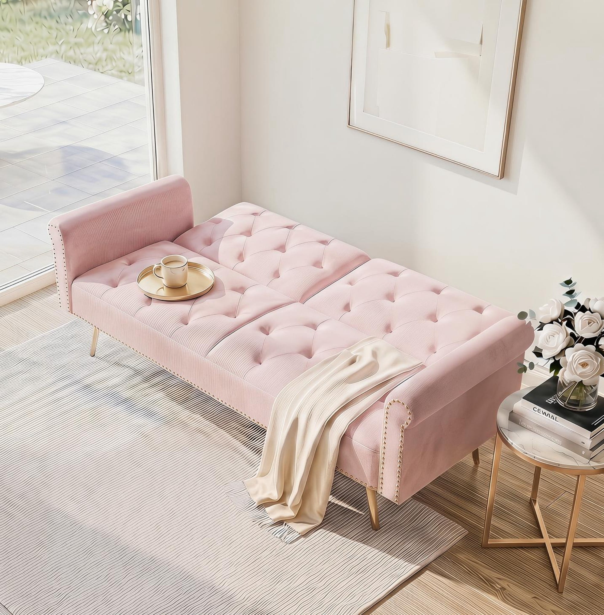 Leumius 70" Loveseat Sofa,Convertible Futon Sofa Bed Velvet Sleeper Sofa Bed with Throw Pillow & Gold Metal Legs,2-Seat Loveseat for Living Room,Bedroom,Office,Pink