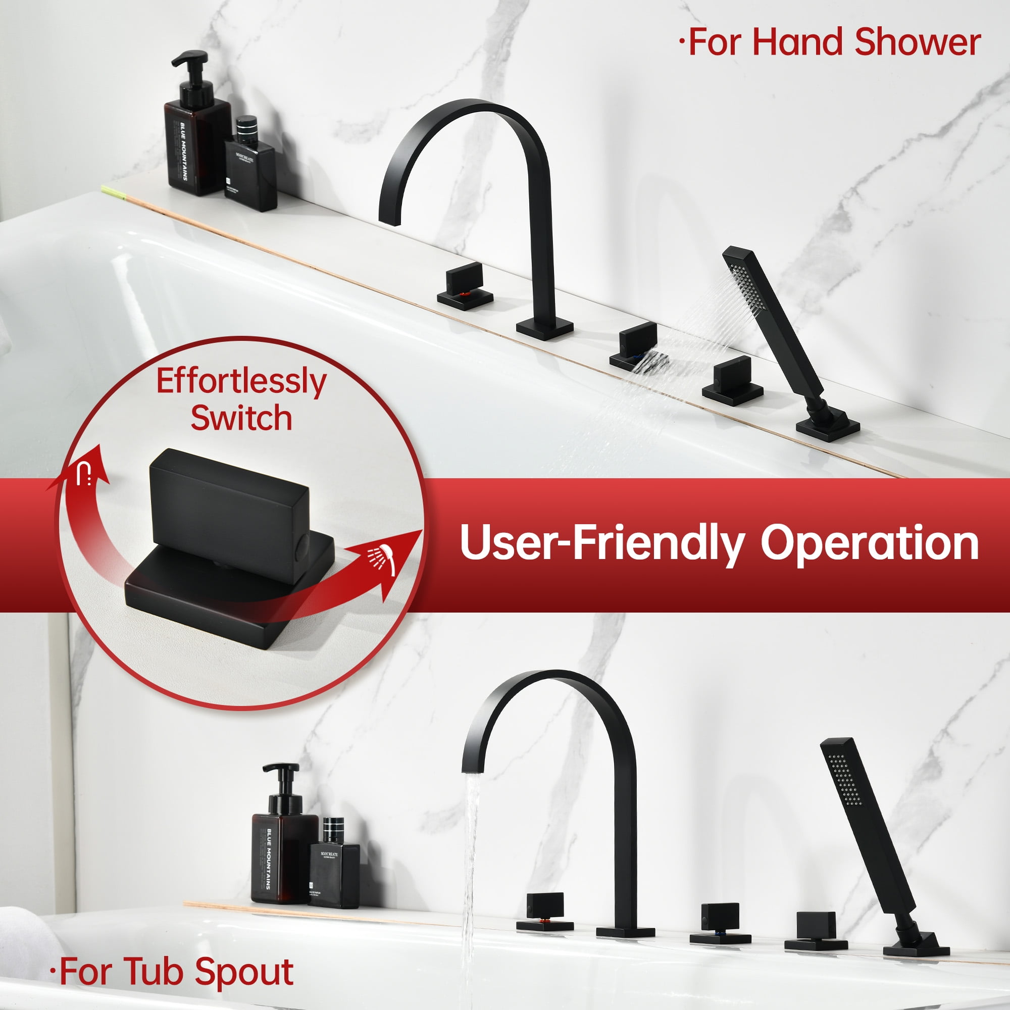SUMERAIN Modern Matte Black Roman Tub Faucet with Valve, 5 Hole Waterfall Bathtub Faucet with Hand Shower, High Flow