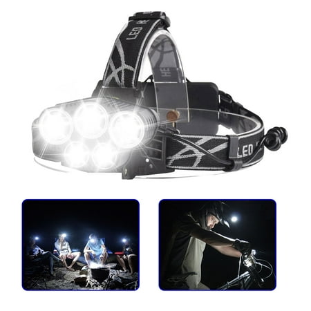 - 80000LM 5-Modes 5 LED White Super Bright Headlamp Rechargeable Light Waterproof Headlight Flashlight Helmet Light for Camping Running Hiking Night Fishing etc