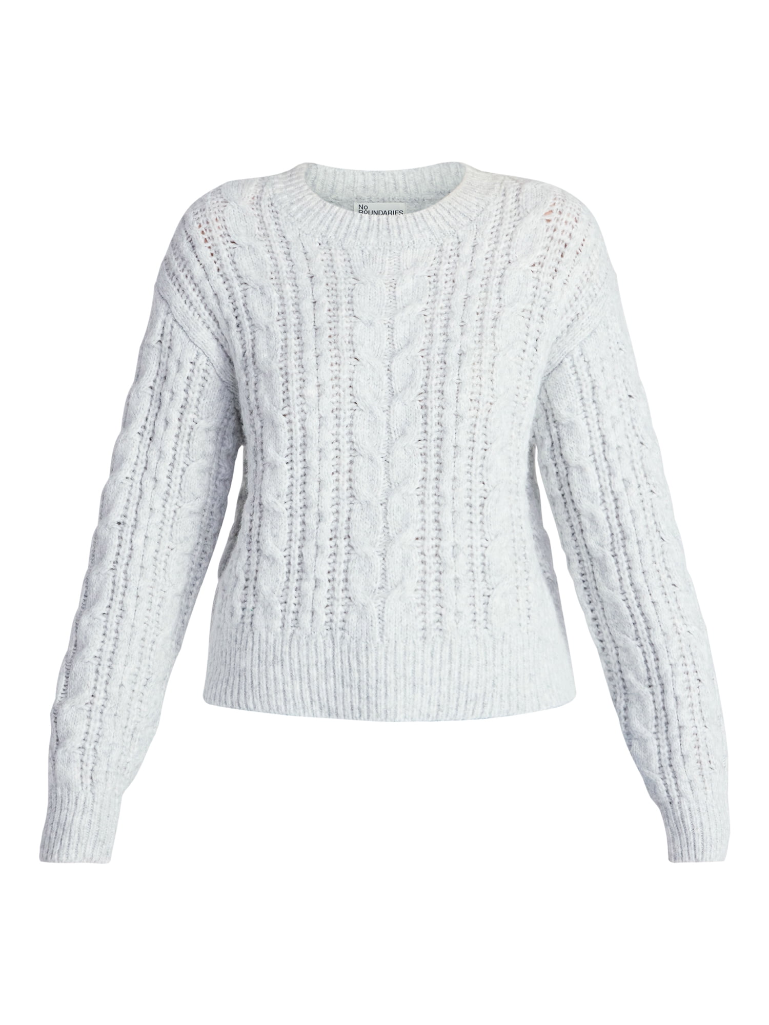 No Boundaries Cable Crewneck Drop Shoulder Sweater, Midweight, Women's XXS-XXL